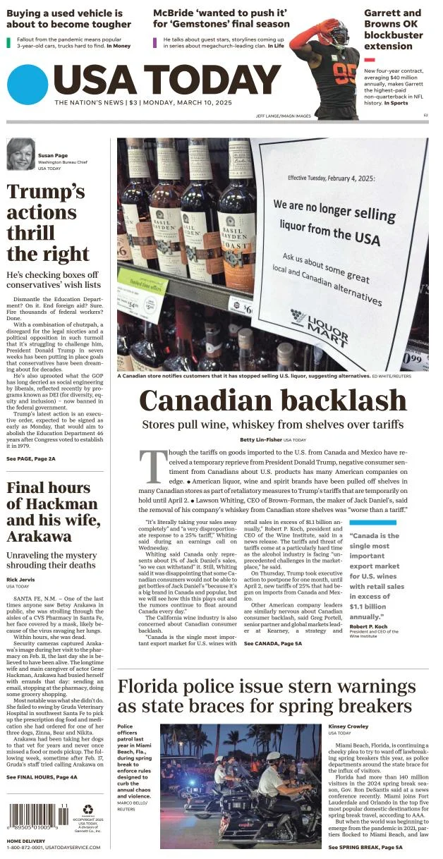 Portada de Usa Today del lunes, 10 de marzo de 2025