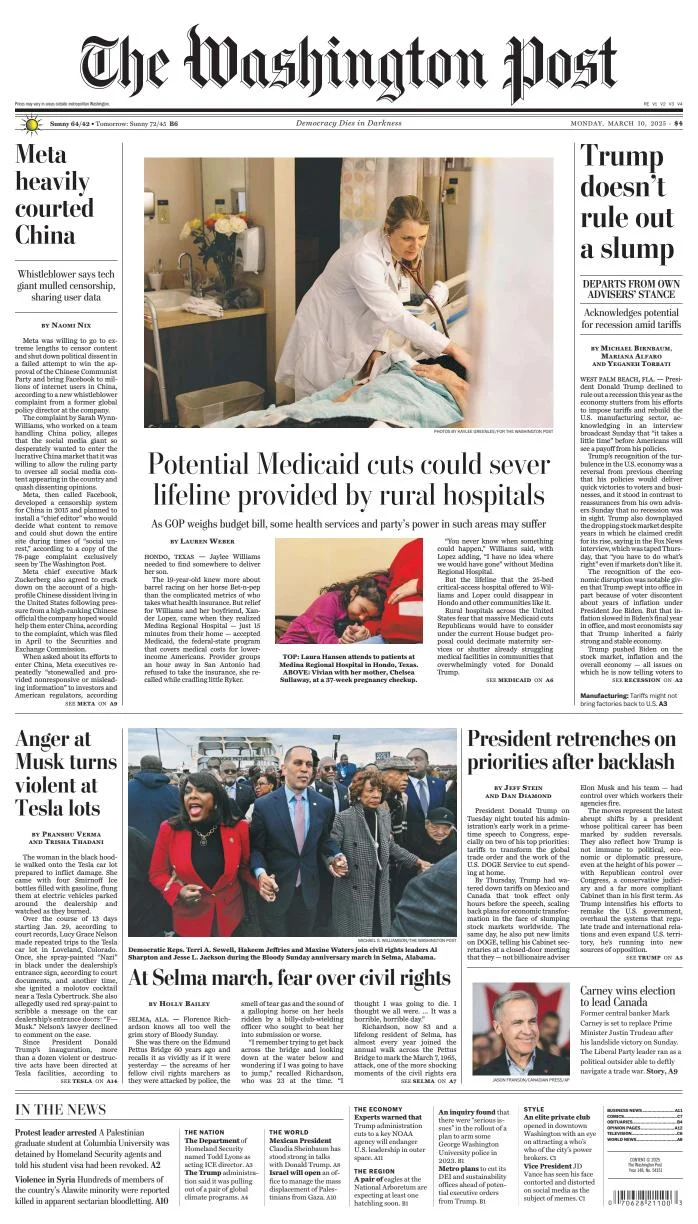 Portada de The Washington Post del lunes, 10 de marzo de 2025