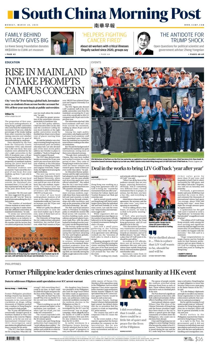 Portada de South China Morning Post del lunes, 10 de marzo de 2025