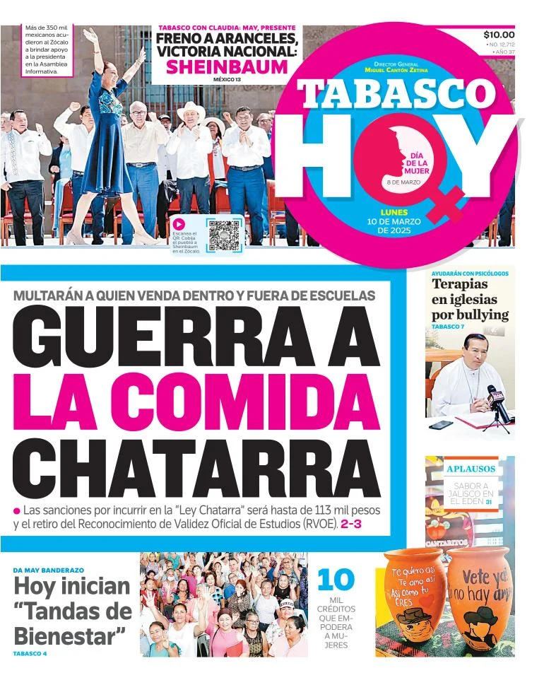 Portada de Tabasco Hoy del lunes, 10 de marzo de 2025