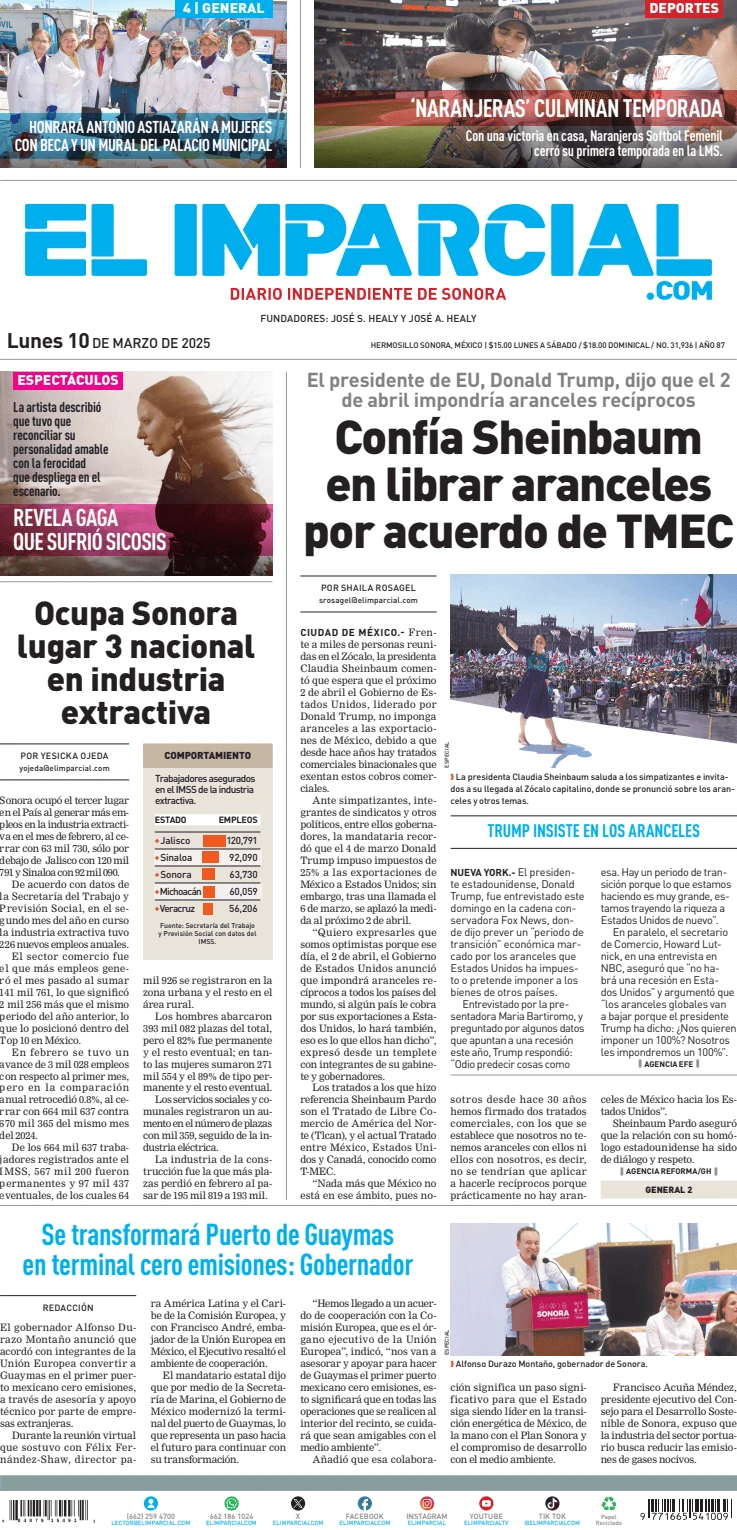Portada de El Imparcial del lunes, 10 de marzo de 2025