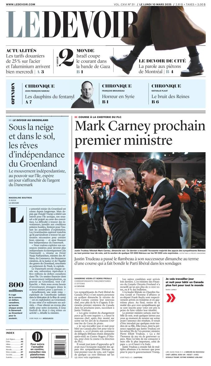 Portada de Le Devoir del lunes, 10 de marzo de 2025