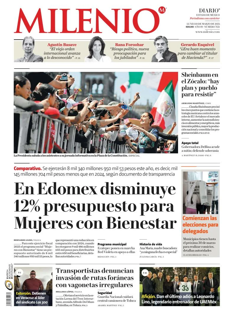 Portada de Milenio Edo de Mexico del lunes, 10 de marzo de 2025