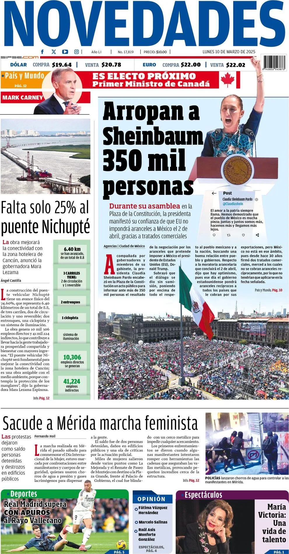 Portada de Novedades Quintana Roo del lunes, 10 de marzo de 2025
