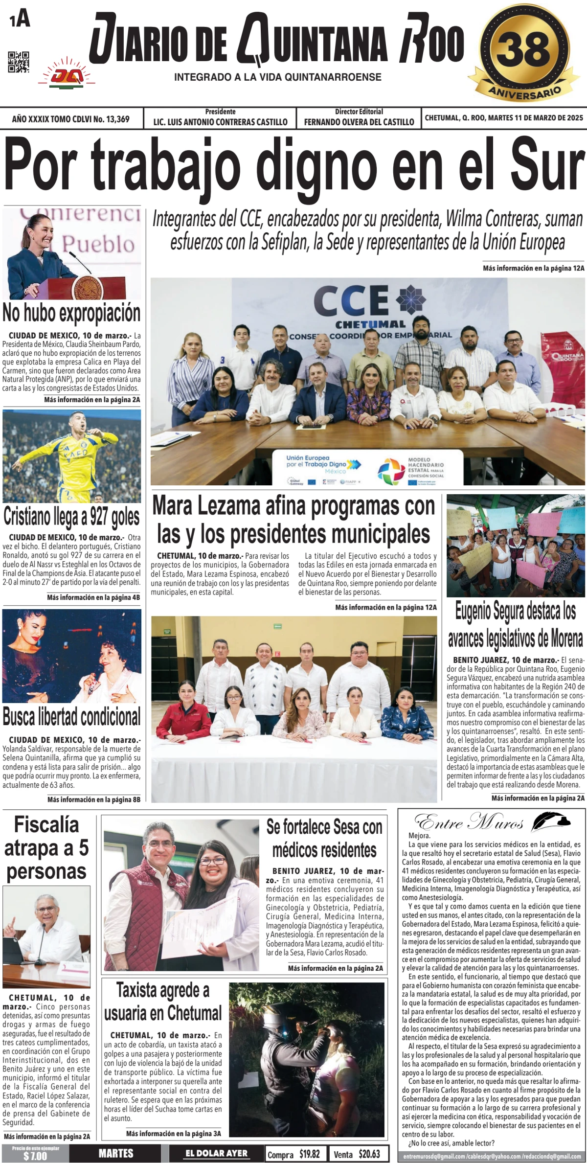 Portada de Diario de Quintana Roo (portada) del martes, 11 de marzo de 2025
