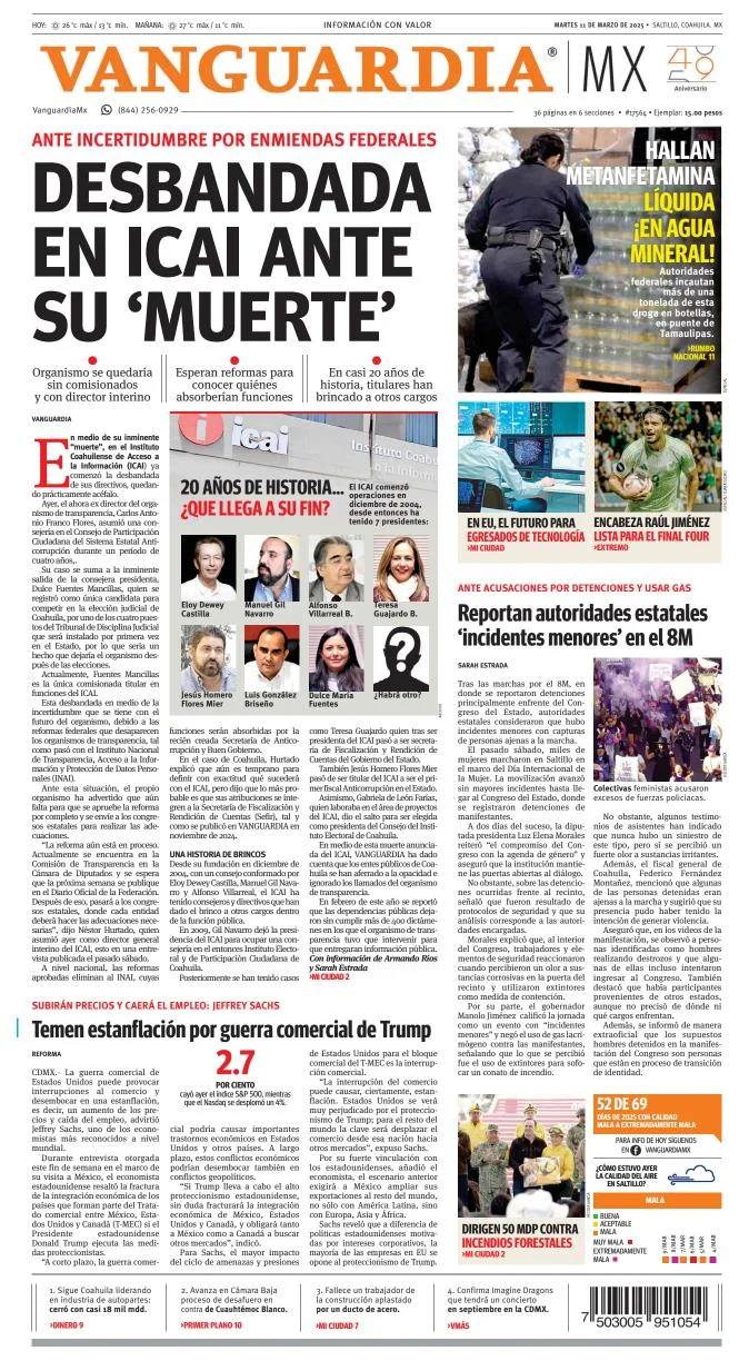 Portada de Vanguardia del martes, 11 de marzo de 2025