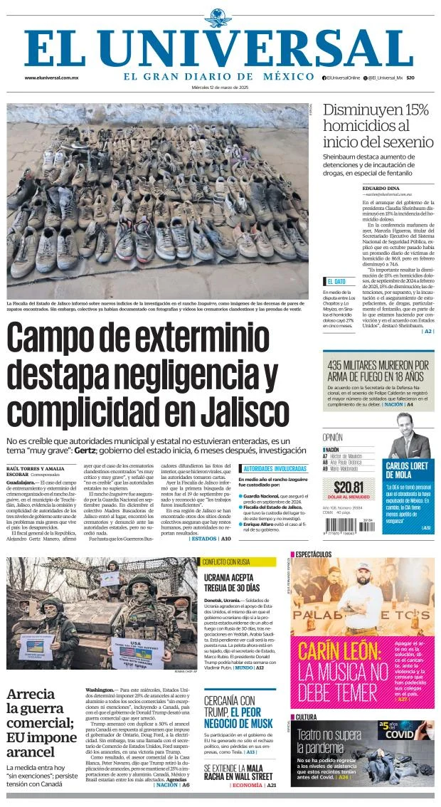 Portada de El Universal del miércoles, 12 de marzo de 2025