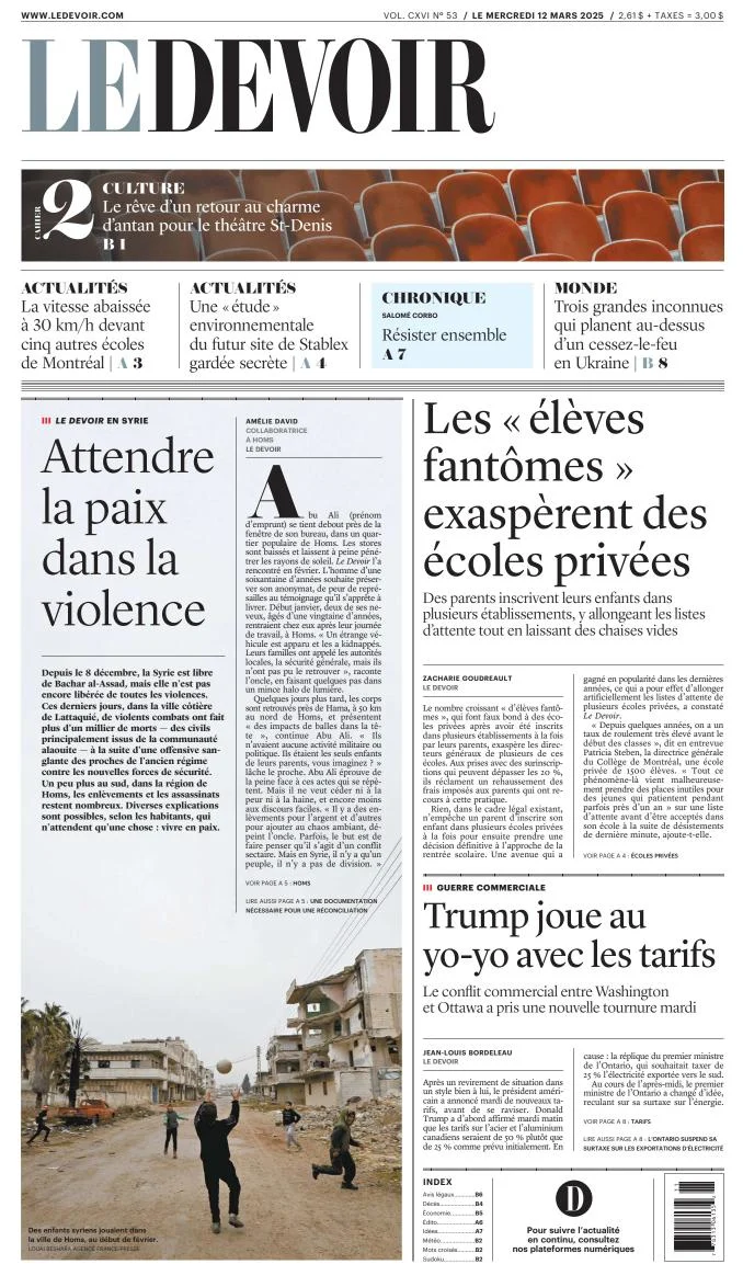 Portada de Le Devoir del miércoles, 12 de marzo de 2025