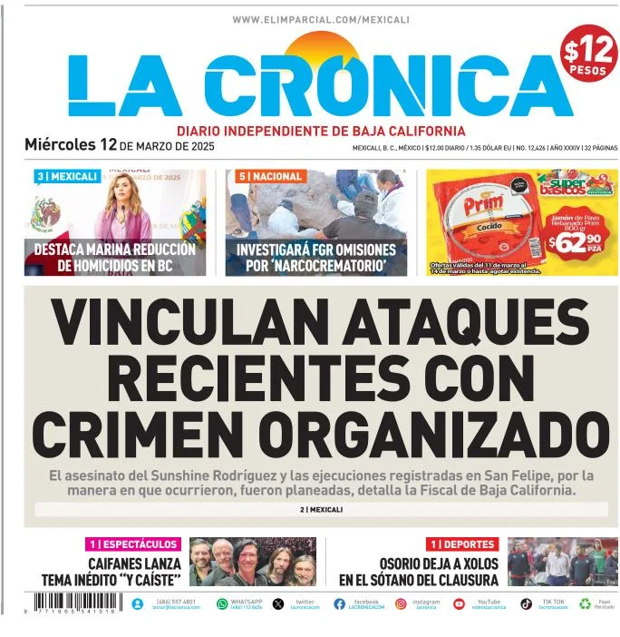 Portada de La Cronica del miércoles, 12 de marzo de 2025