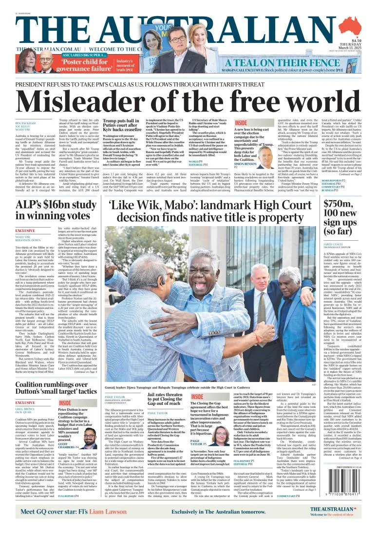 Portada de The Australian del jueves, 13 de marzo de 2025
