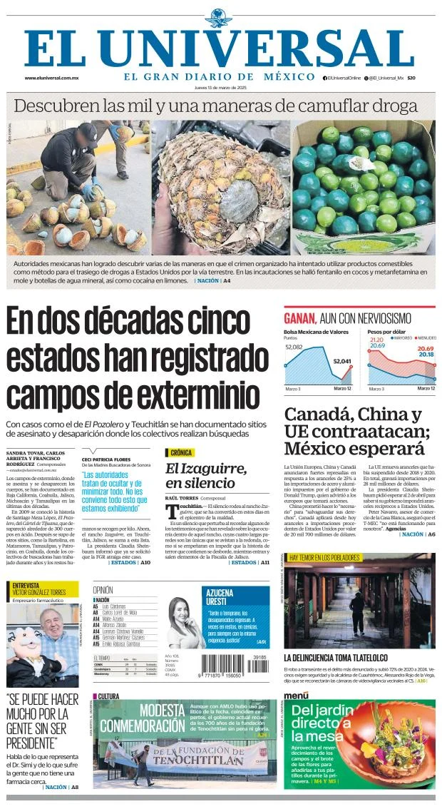 Portada de El Universal del jueves, 13 de marzo de 2025