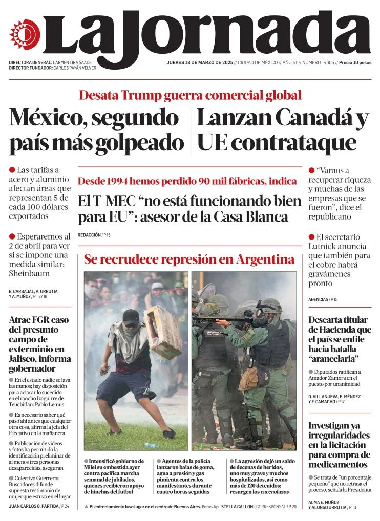 Portada de La Jornada del jueves, 13 de marzo de 2025