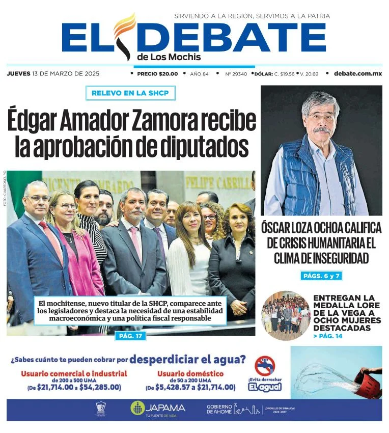 Portada de El Debate de los Mochis del jueves, 13 de marzo de 2025