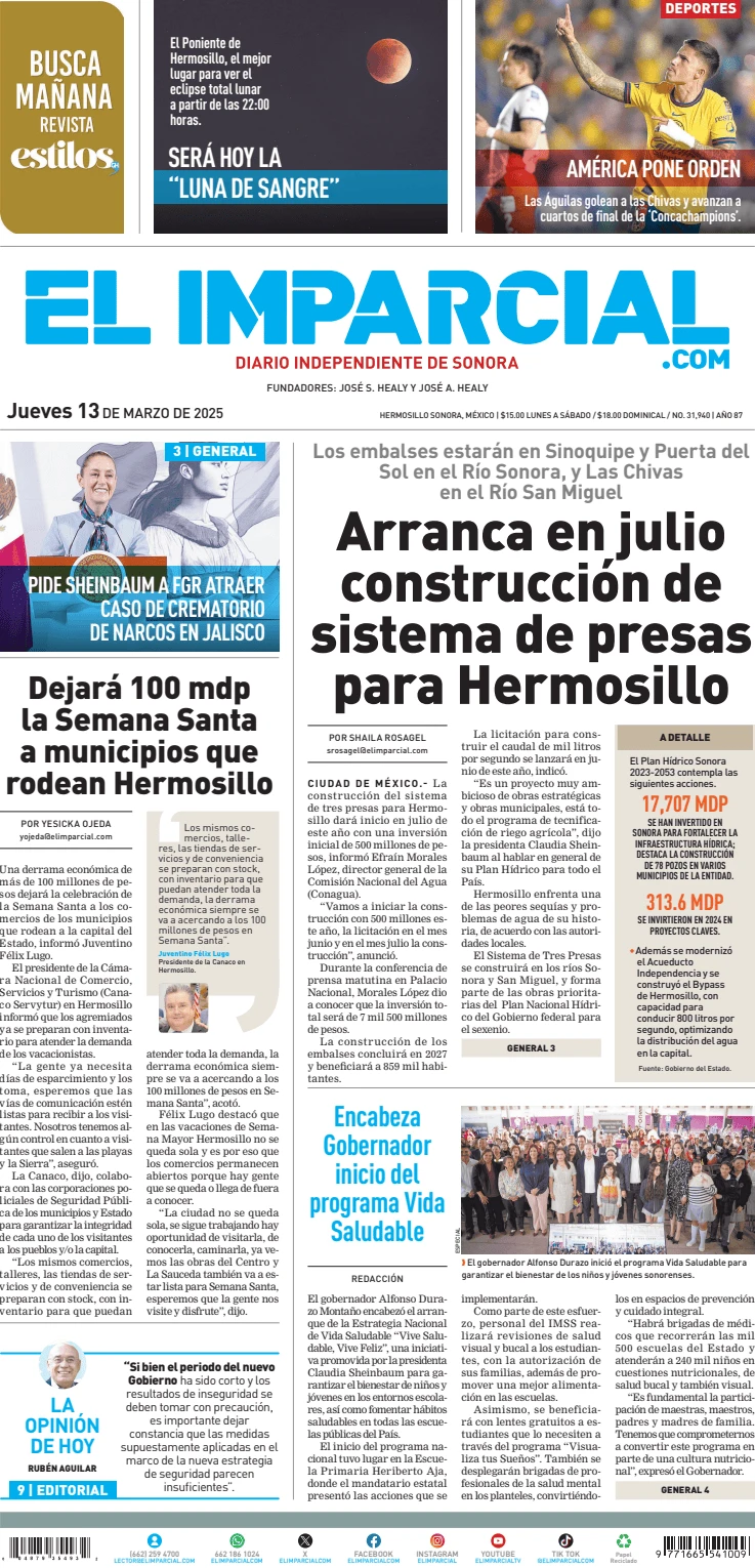 Portada de El Imparcial del jueves, 13 de marzo de 2025