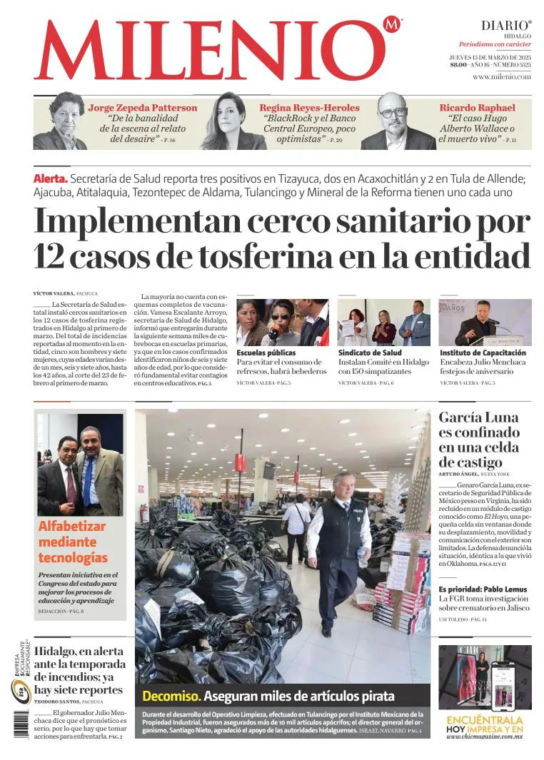 Portada de Milenio Hidalgo del jueves, 13 de marzo de 2025
