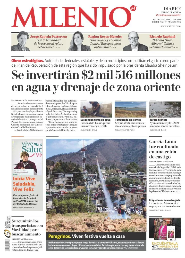 Portada de Milenio Edo de Mexico del jueves, 13 de marzo de 2025