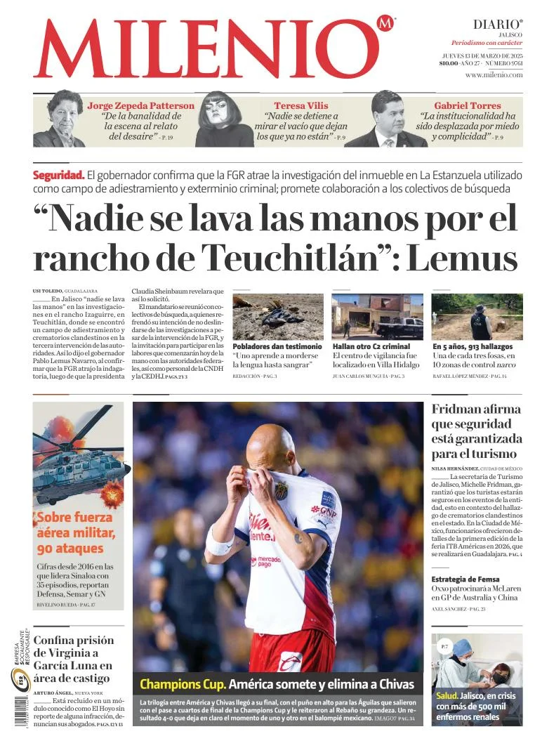 Portada de Milenio Jalisco del jueves, 13 de marzo de 2025