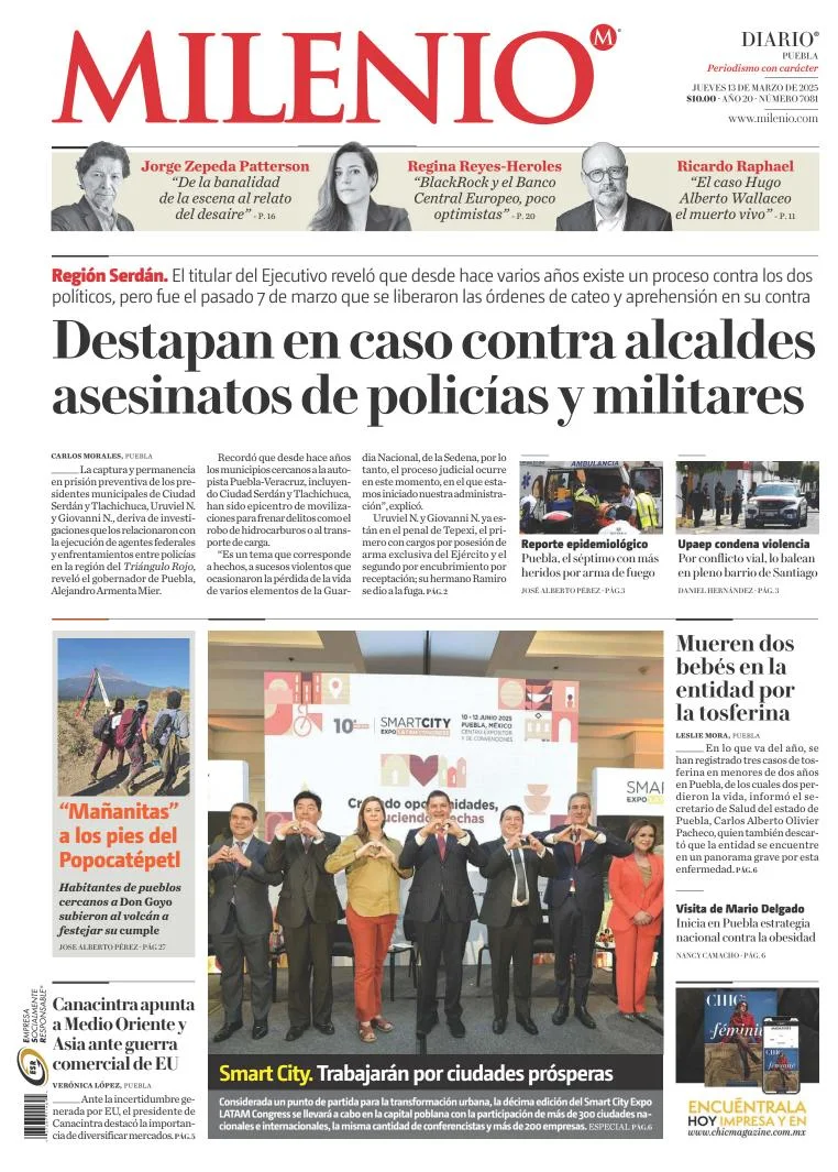 Portada de Milenio Puebla del jueves, 13 de marzo de 2025