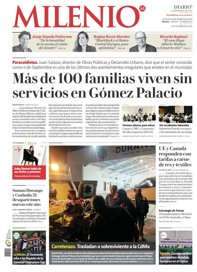 Portada de Milenio Laguna del jueves, 13 de marzo de 2025