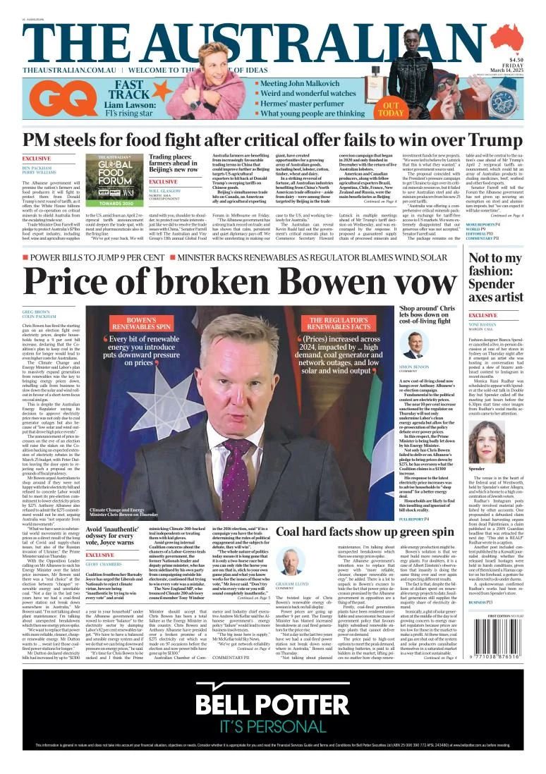 Portada de The Australian del viernes, 14 de marzo de 2025