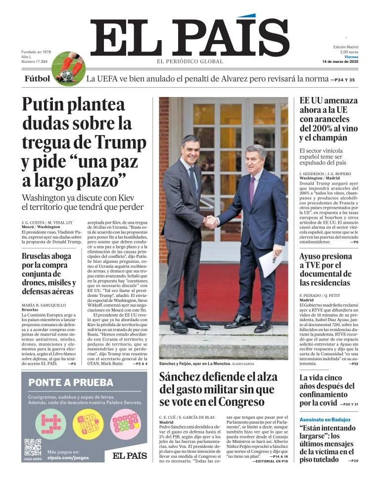Portada de El Pais del viernes, 14 de marzo de 2025