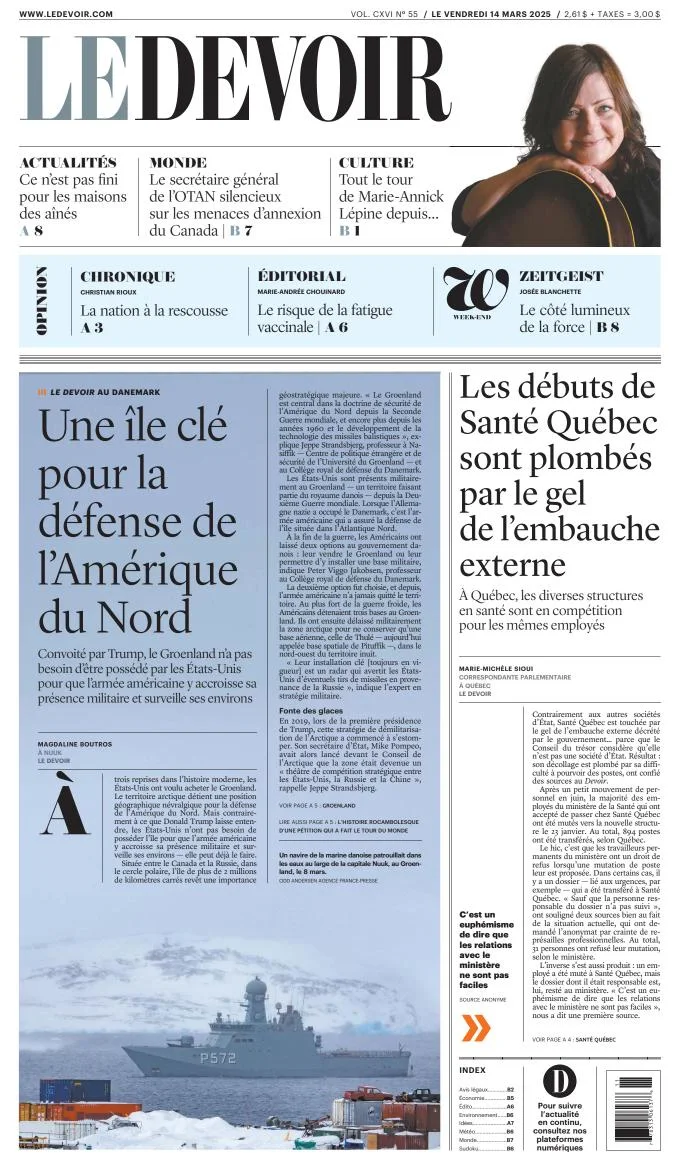Portada de Le Devoir del viernes, 14 de marzo de 2025