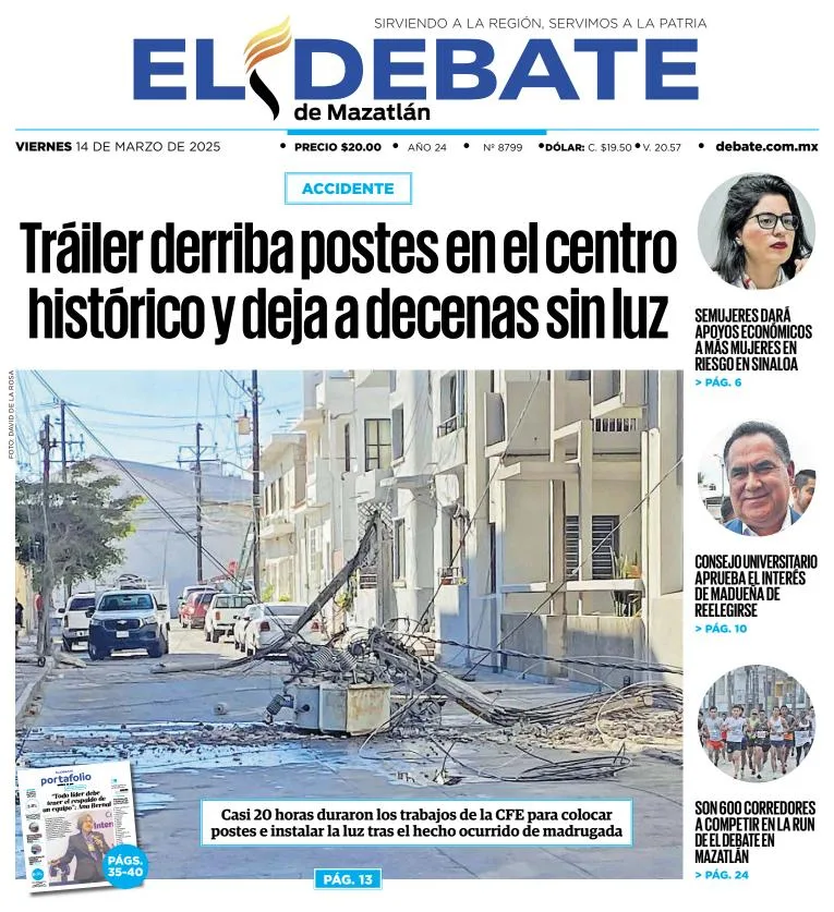 Portada de El Debate de Mazatlan del viernes, 14 de marzo de 2025