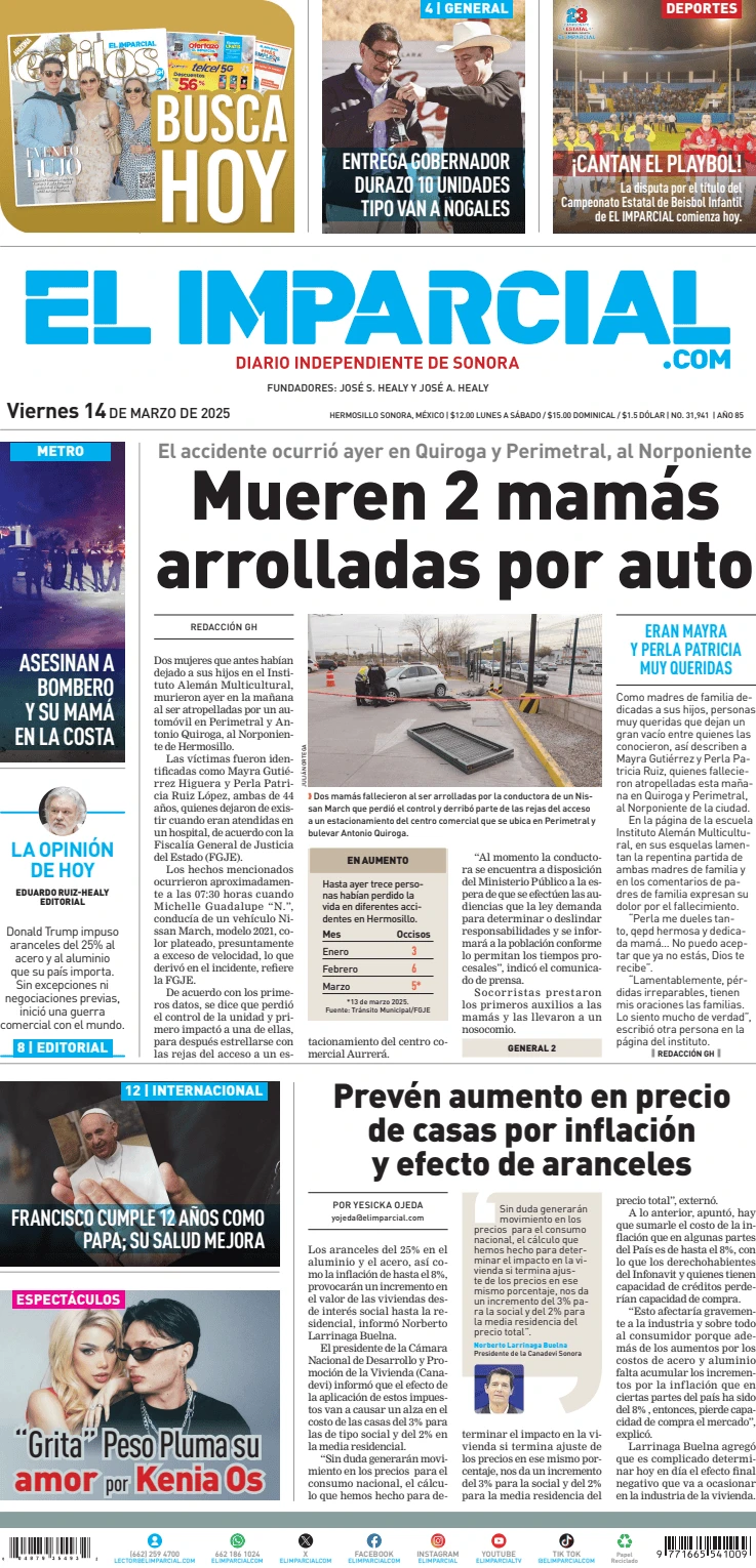 Portada de El Imparcial del viernes, 14 de marzo de 2025