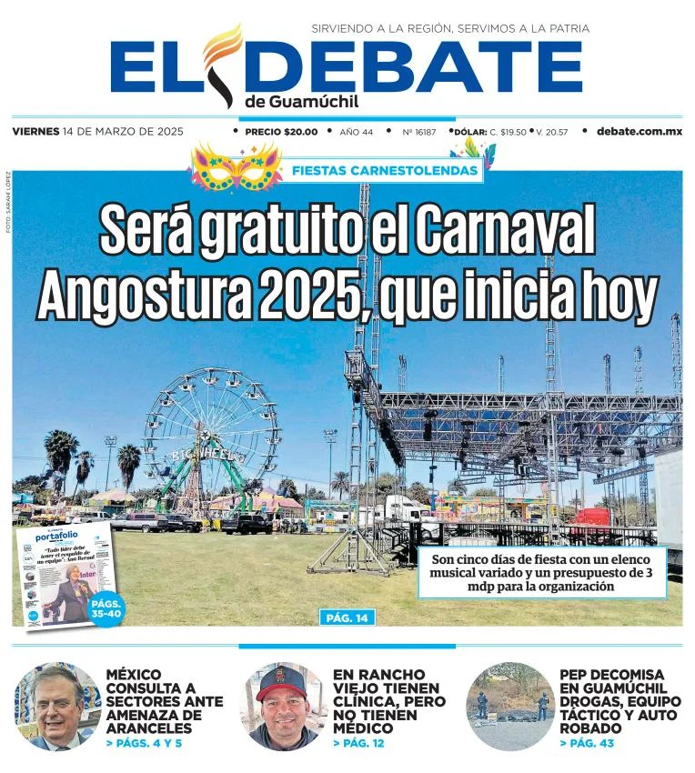 Portada de El Debate de Guamuchil del viernes, 14 de marzo de 2025