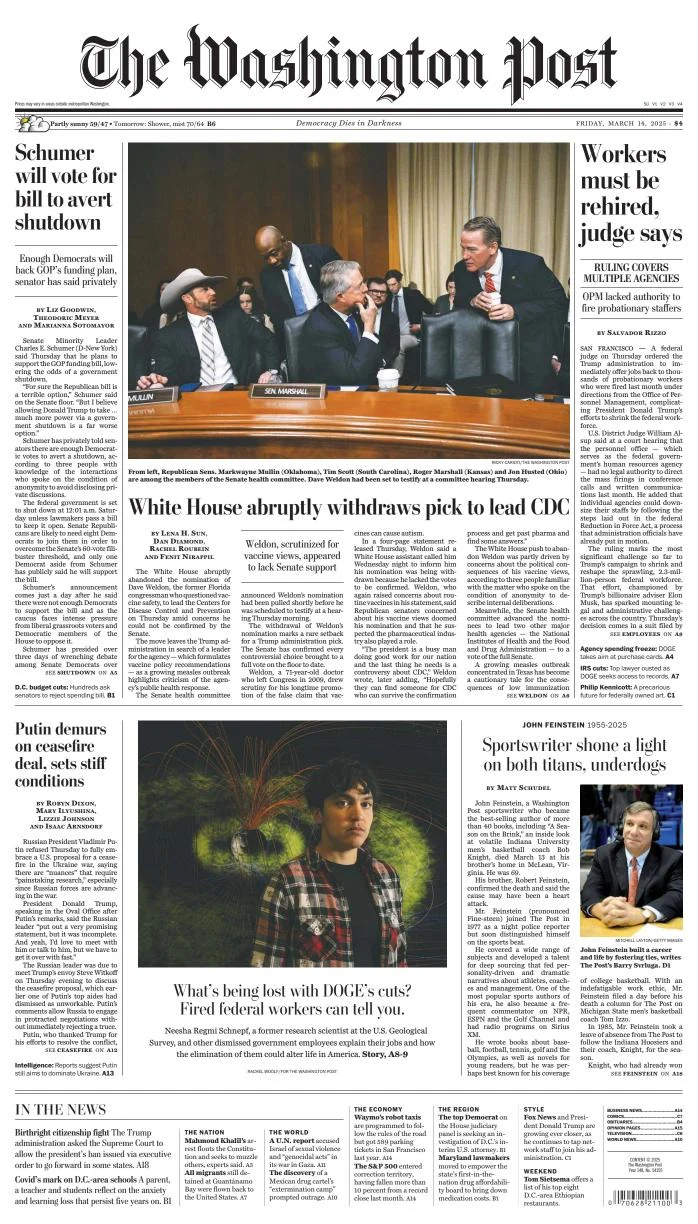 Portada de The Washington Post del viernes, 14 de marzo de 2025
