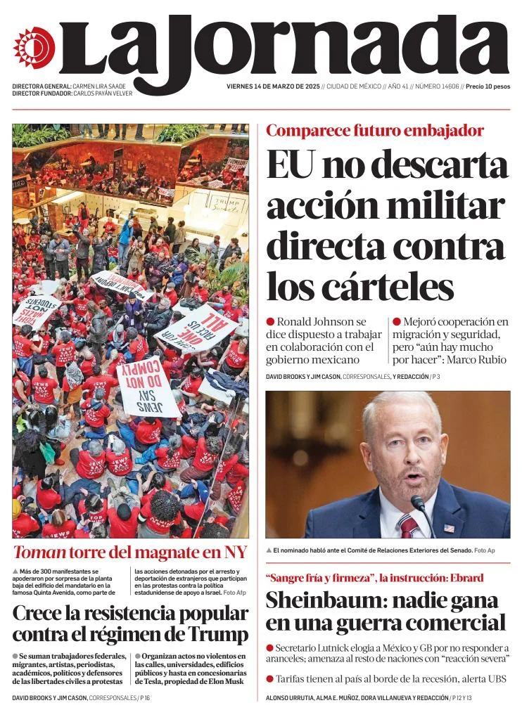Portada de La Jornada del viernes, 14 de marzo de 2025