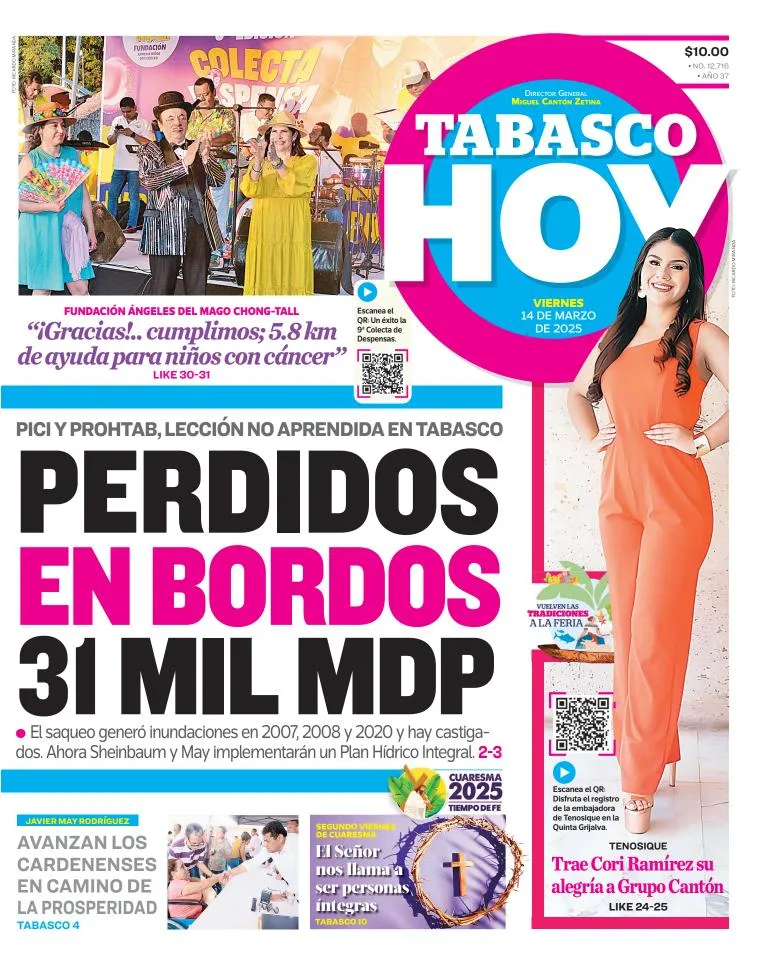 Portada de Tabasco Hoy del viernes, 14 de marzo de 2025