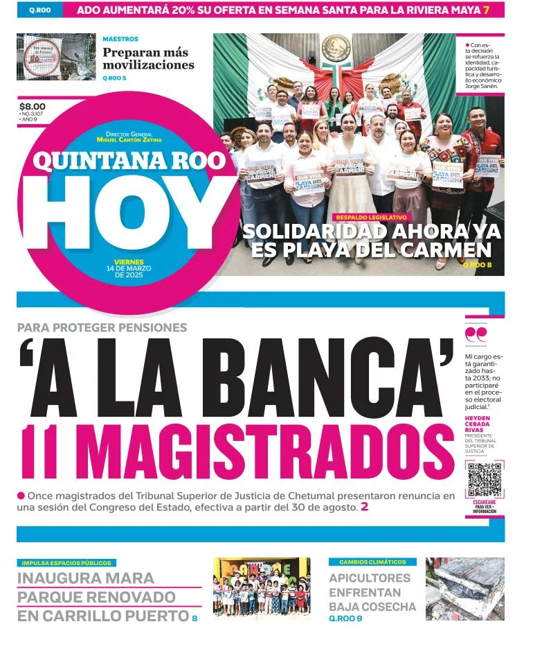 Portada de Quintana Roo Hoy del viernes, 14 de marzo de 2025
