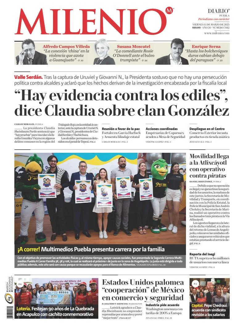 Portada de Milenio Puebla del viernes, 14 de marzo de 2025