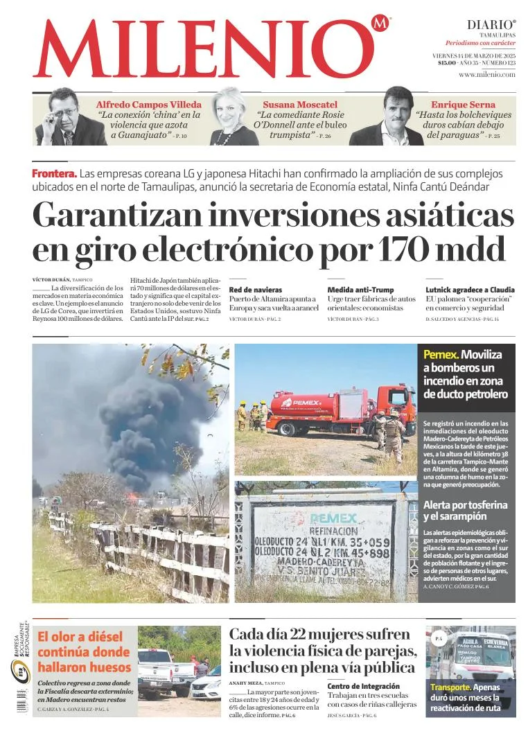 Portada de Milenio Tamaulipas del viernes, 14 de marzo de 2025