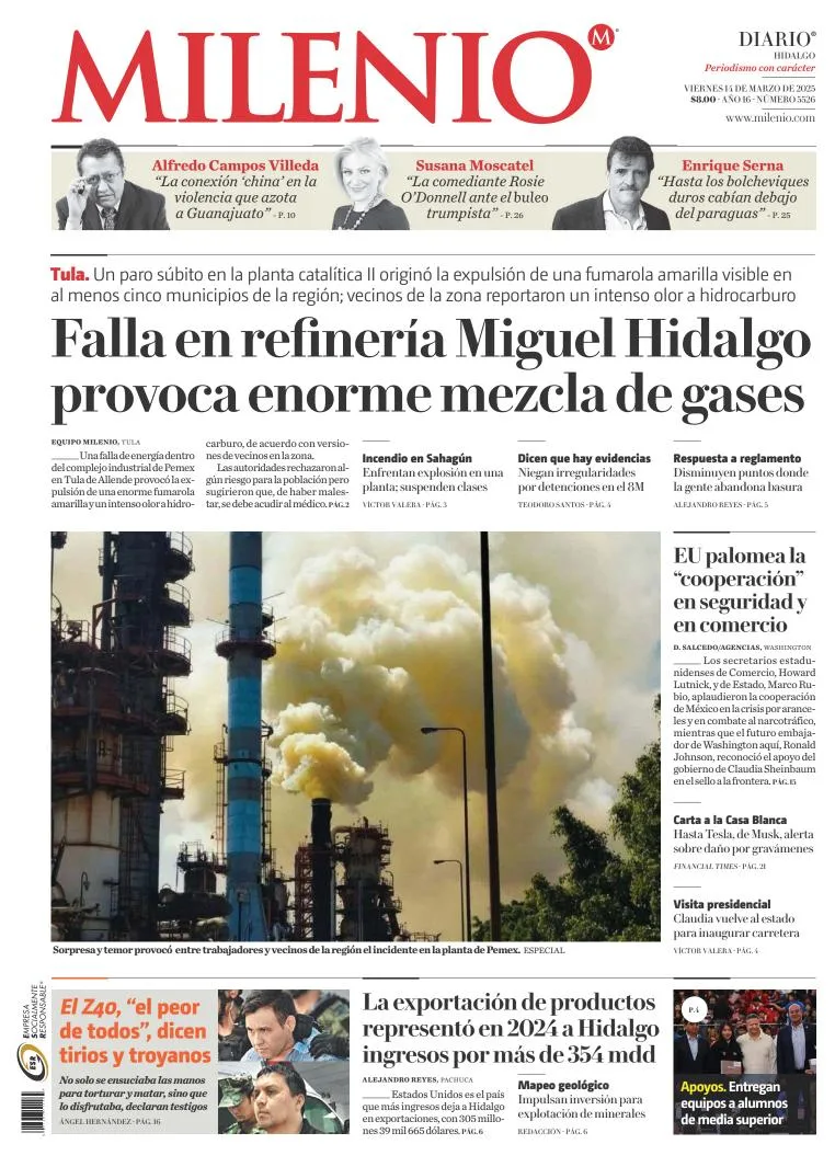 Portada de Milenio Hidalgo del viernes, 14 de marzo de 2025