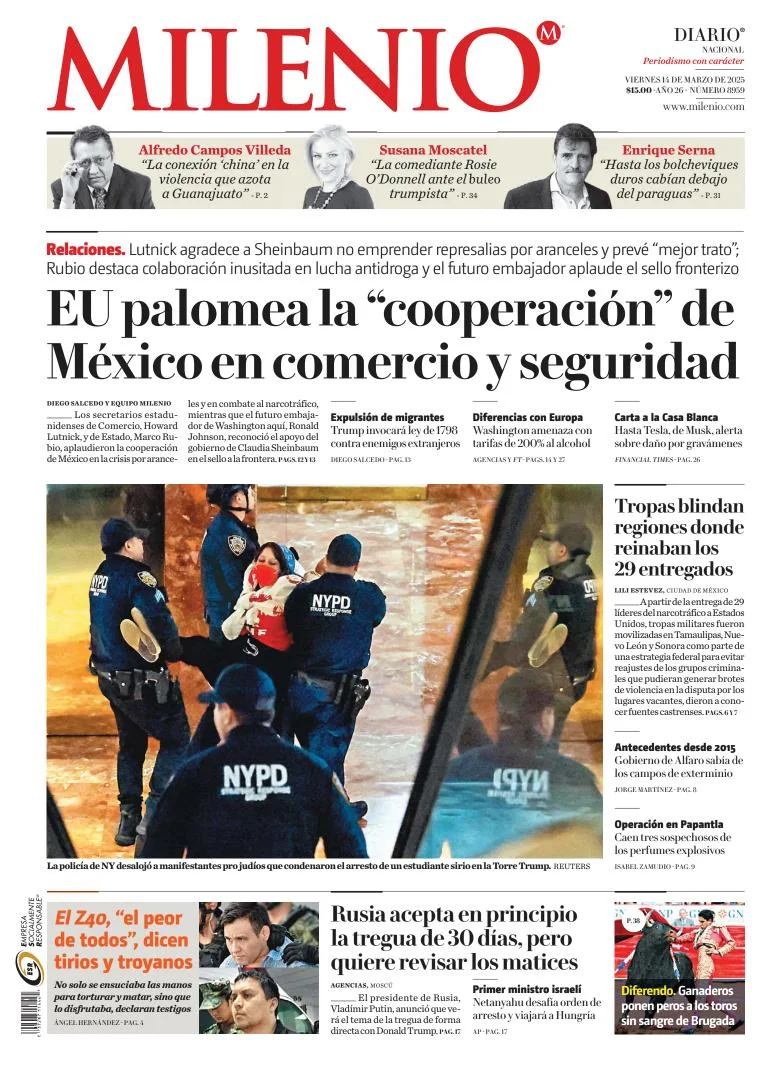 Portada de Milenio del viernes, 14 de marzo de 2025