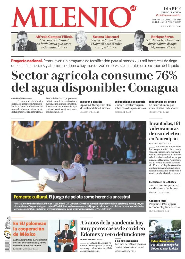 Portada de Milenio Edo de Mexico del viernes, 14 de marzo de 2025