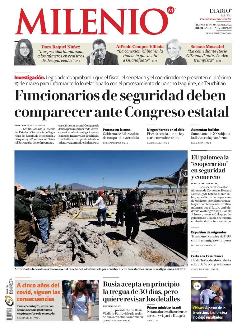 Portada de Milenio Jalisco del viernes, 14 de marzo de 2025