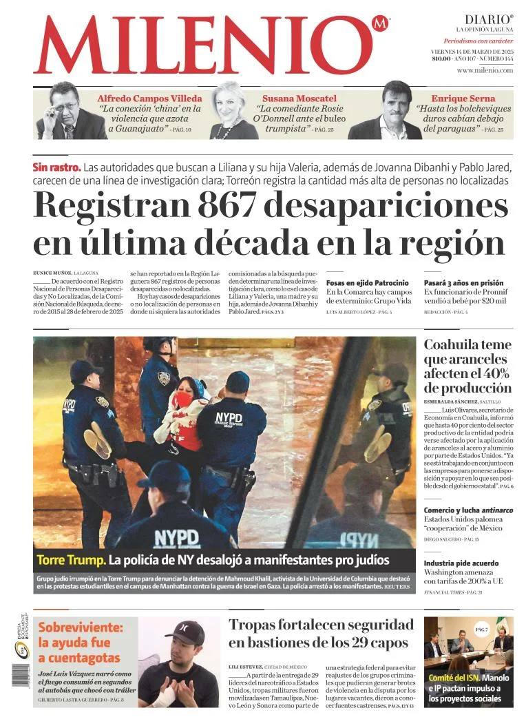 Portada de Milenio Laguna del viernes, 14 de marzo de 2025