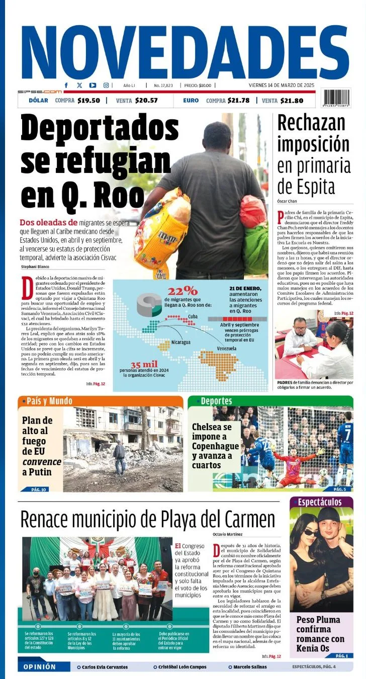 Portada de Novedades Quintana Roo del viernes, 14 de marzo de 2025