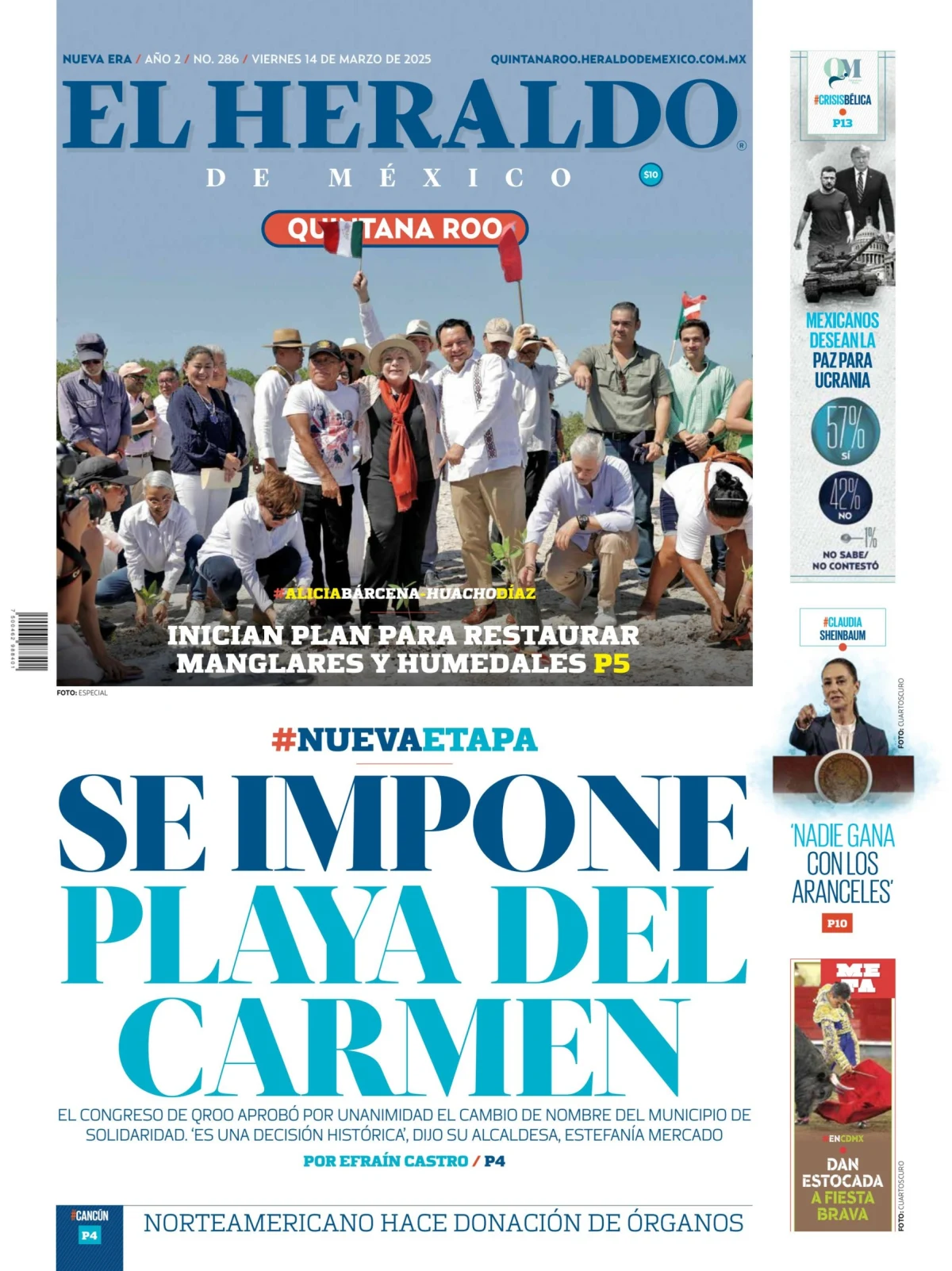 Portada de El Heraldo de Mexico - Quintana Roo del viernes, 14 de marzo de 2025