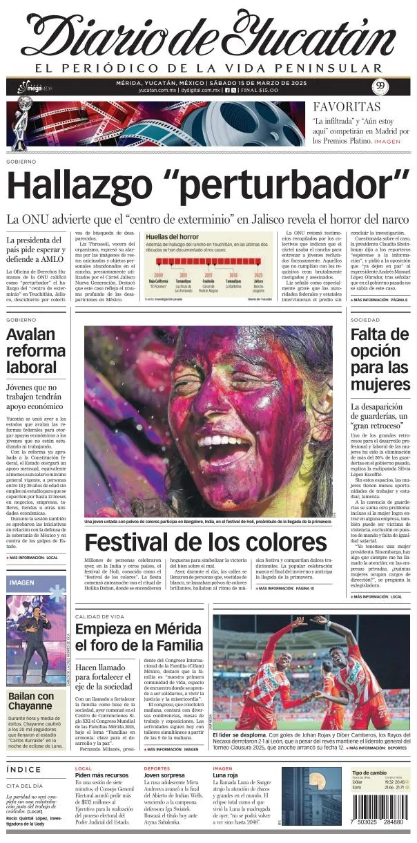 Portada de Diario de Yucatán del sábado, 15 de marzo de 2025