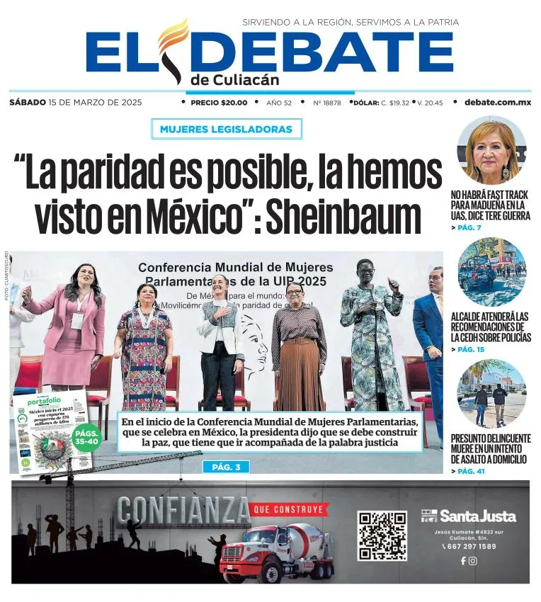 Portada de El Debate de Culiacan del sábado, 15 de marzo de 2025