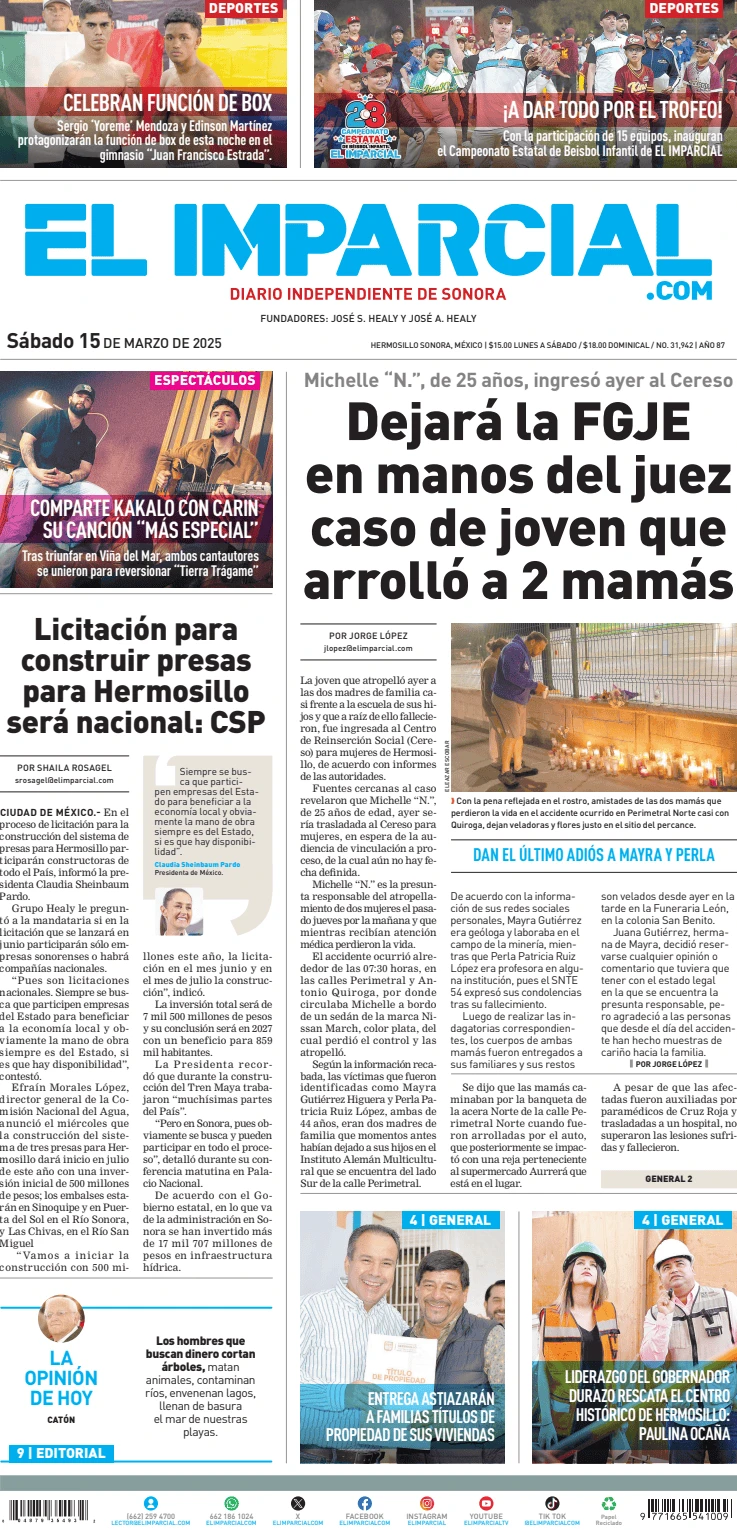 Portada de El Imparcial del sábado, 15 de marzo de 2025
