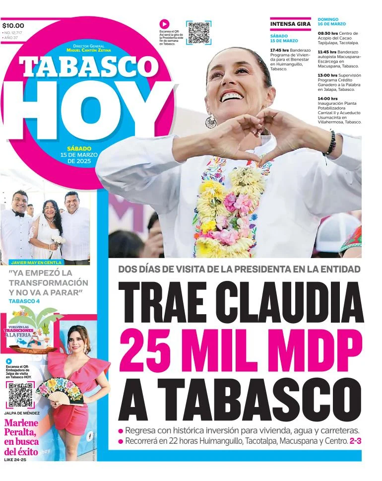 Portada de Tabasco Hoy del sábado, 15 de marzo de 2025