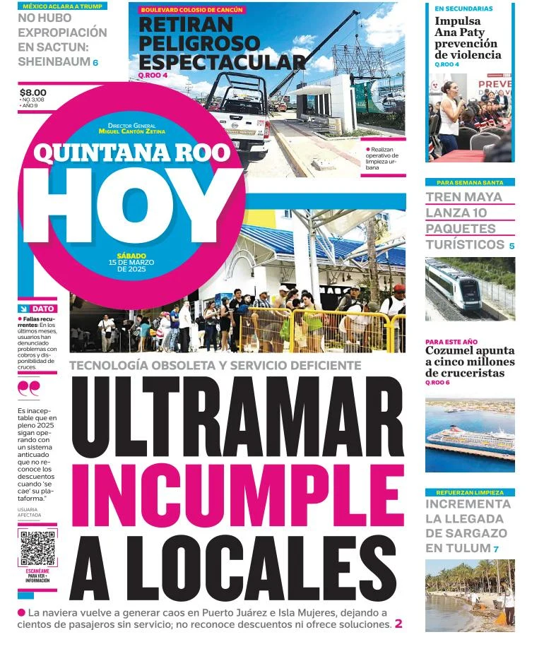 Portada de Quintana Roo Hoy del sábado, 15 de marzo de 2025