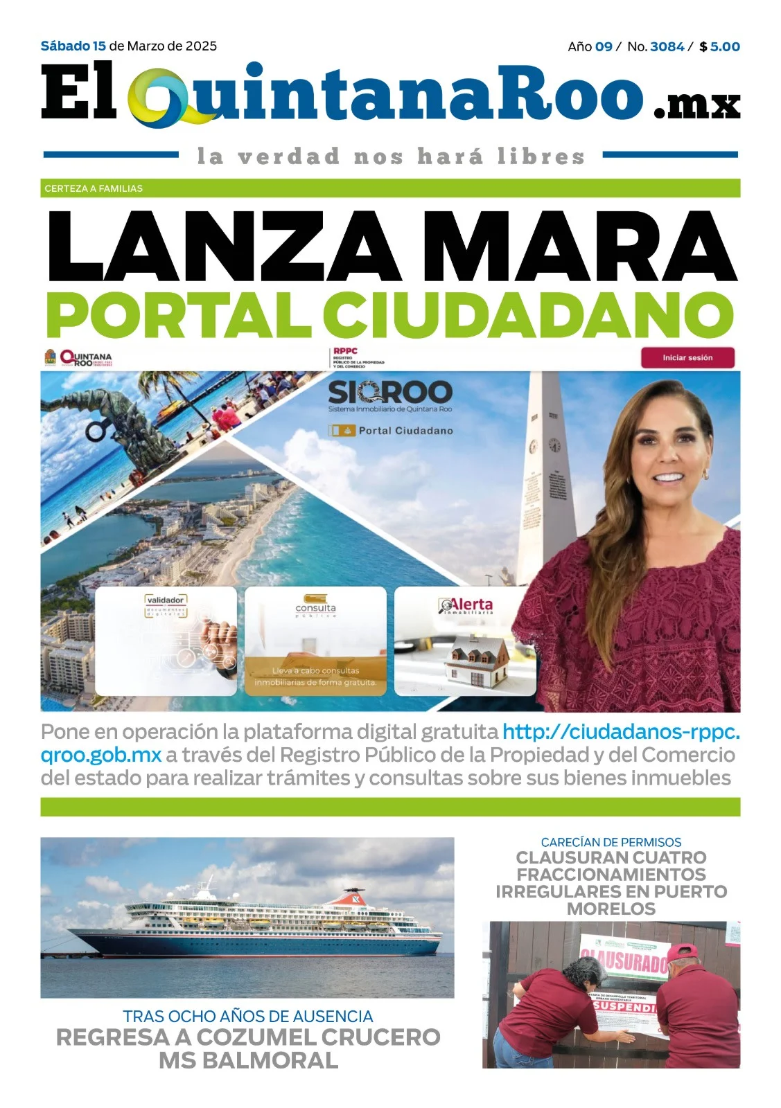 Portada de El Quintana Roo (portada) del sábado, 15 de marzo de 2025