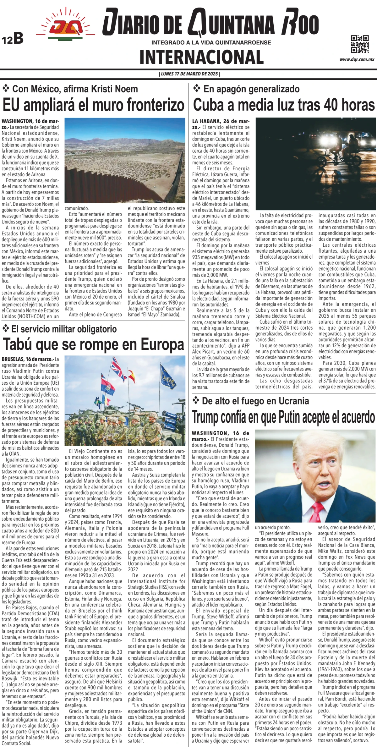 Portada de Diario de Quintana Roo (contra Portada)
