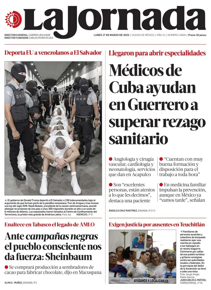 Portada de La Jornada del lunes, 17 de marzo de 2025